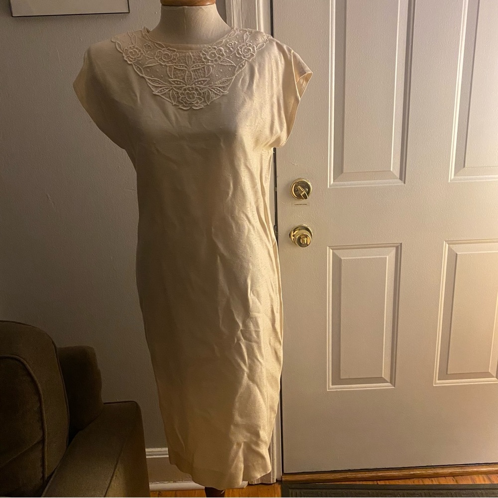 Vintage Leslie Fay Collections ivory cream yoke shirt dress 10 80s